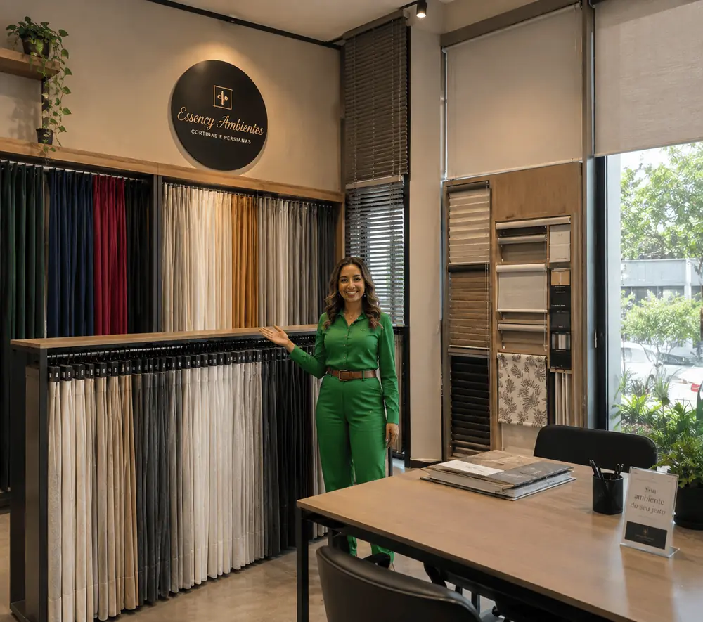 Showroom da Essency Ambientes com cortinas e persianas no Setor Bueno, Goiânia